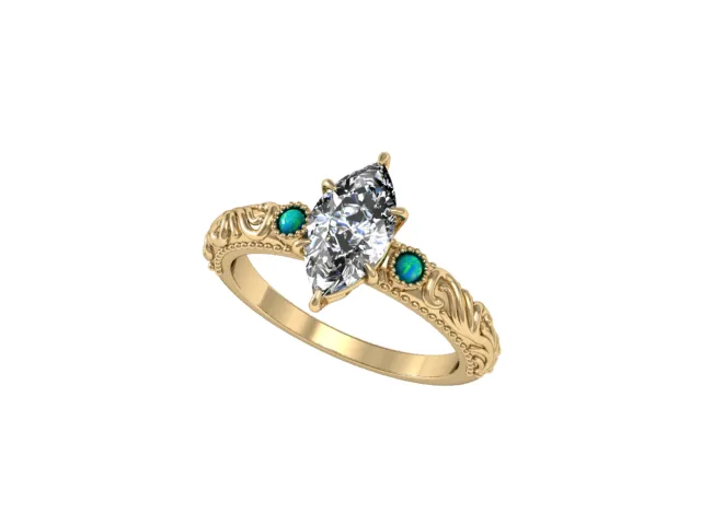 Render from the front, showing both turquoise accent stones set against the center diamond.