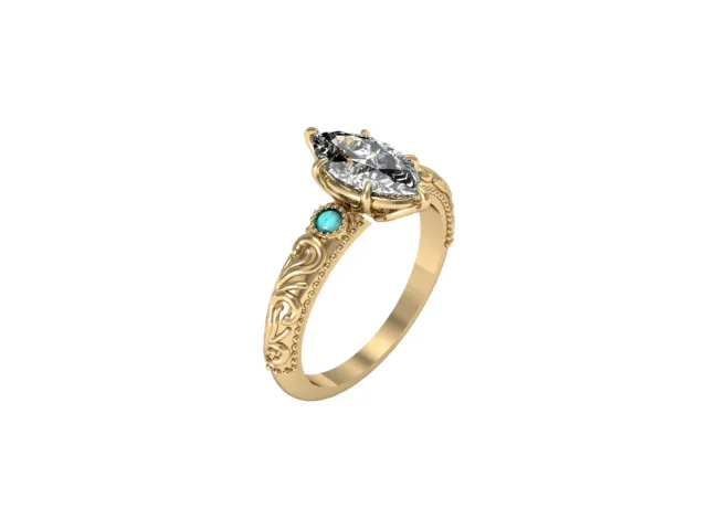 Render of the ring from three-quarter view, showing the scrollwork across the shoulders.