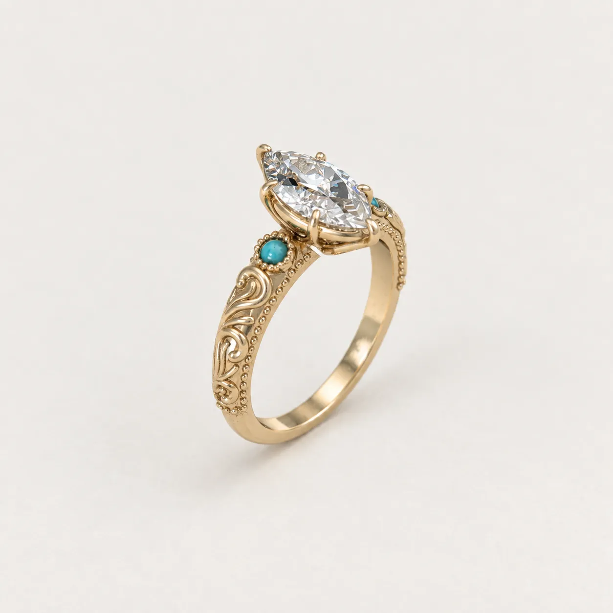 AI-assisted three-quarter view of The Cindy in yellow gold with a marquise diamond and turquoise accents.