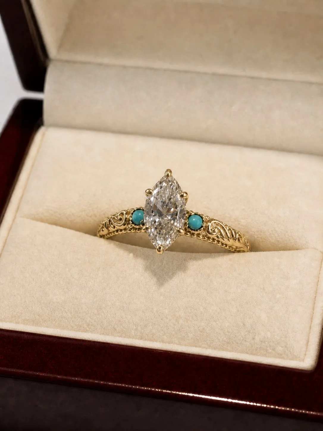 The finished Cindy ring in its box, a marquise diamond in 14K yellow gold flanked by two round turquoise cabochons on a scrolled, milgrain-edged band.