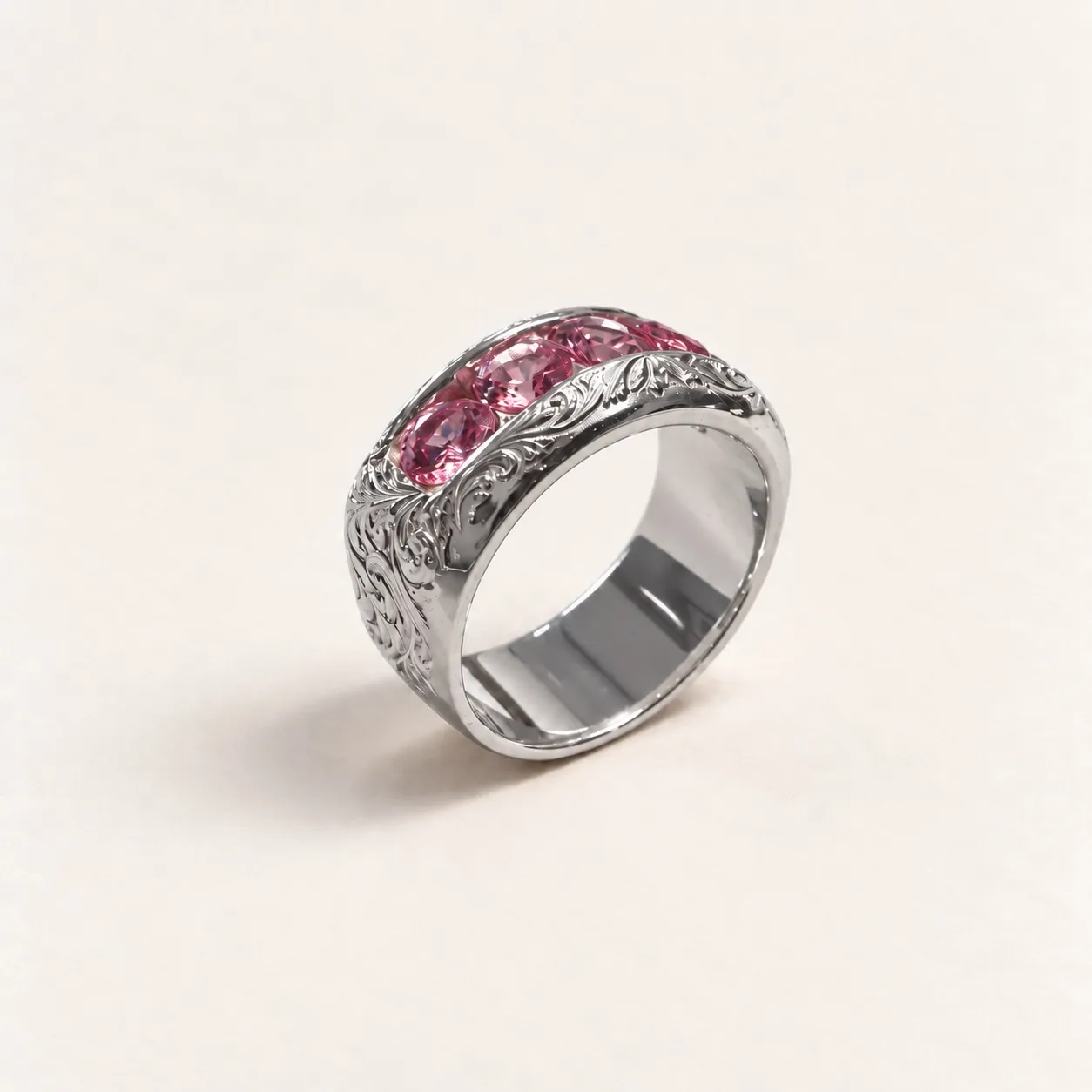 Lower three-quarter view of Redemption showing the silver band and scrollwork across the shoulder.