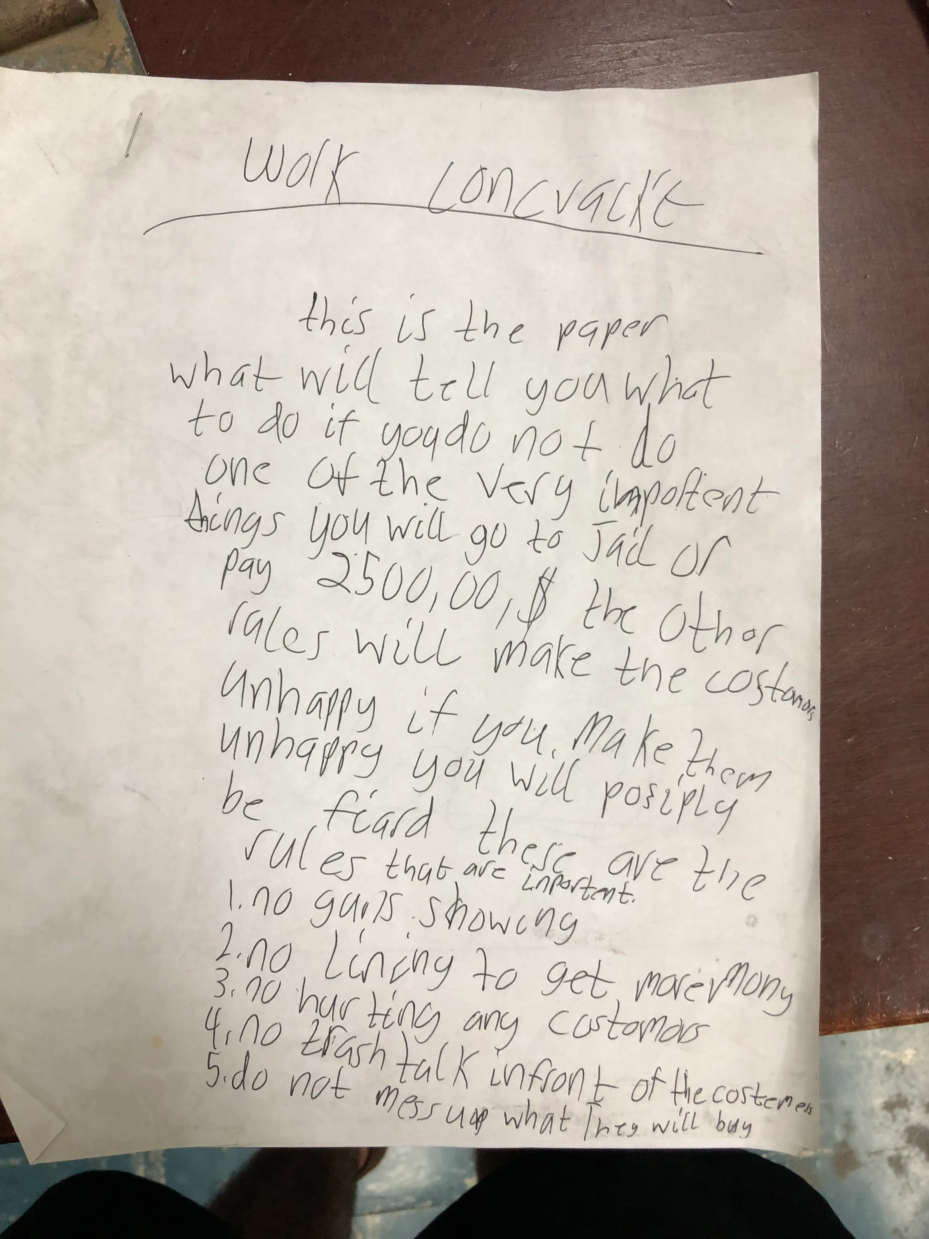 Original photograph of page 1 of Gabriel’s handwritten shop work contract from March 2007, with all handwriting visible.