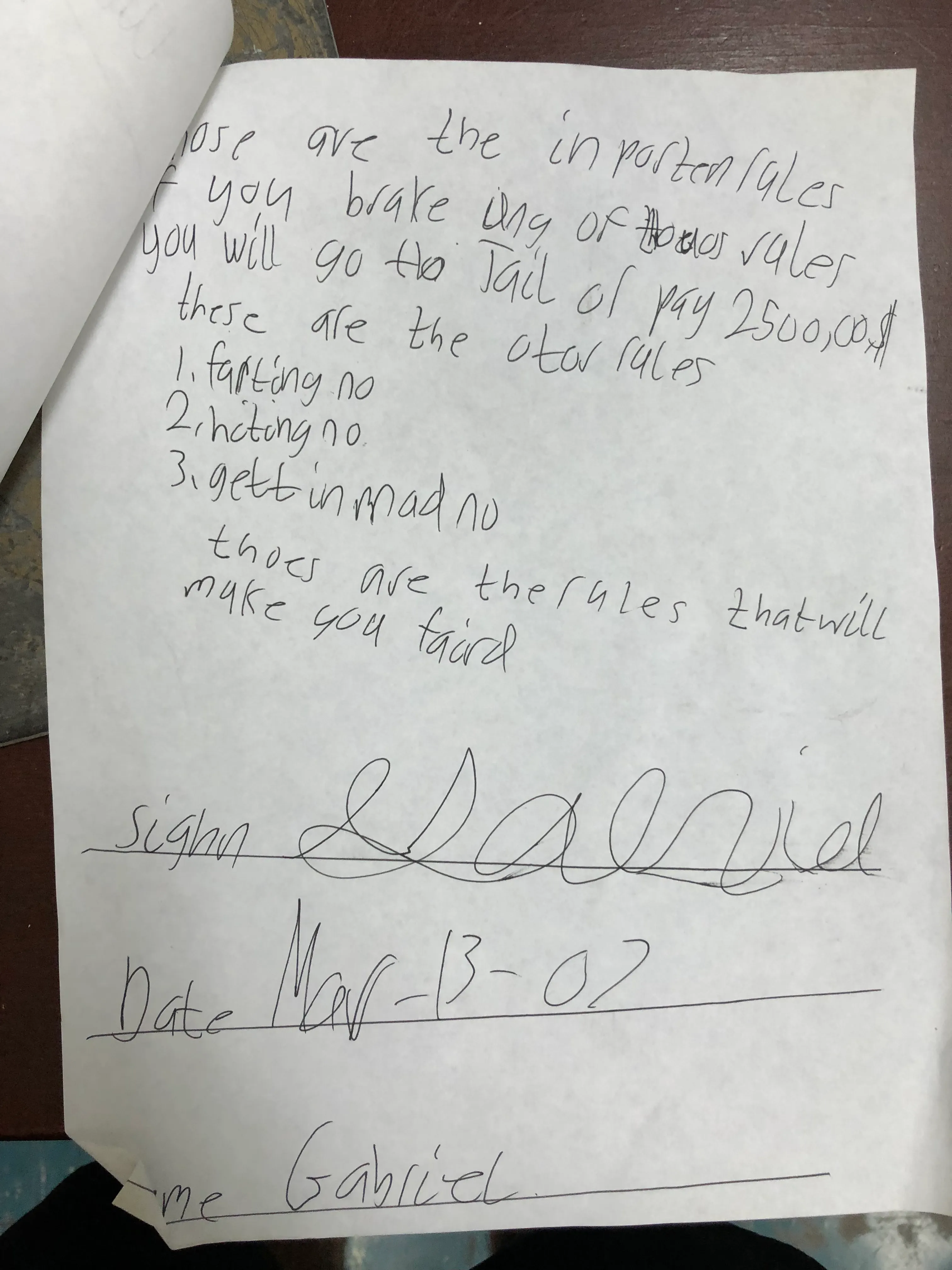 Original photograph of page 2 of Gabriel’s handwritten shop work contract from March 2007, with all handwriting visible.